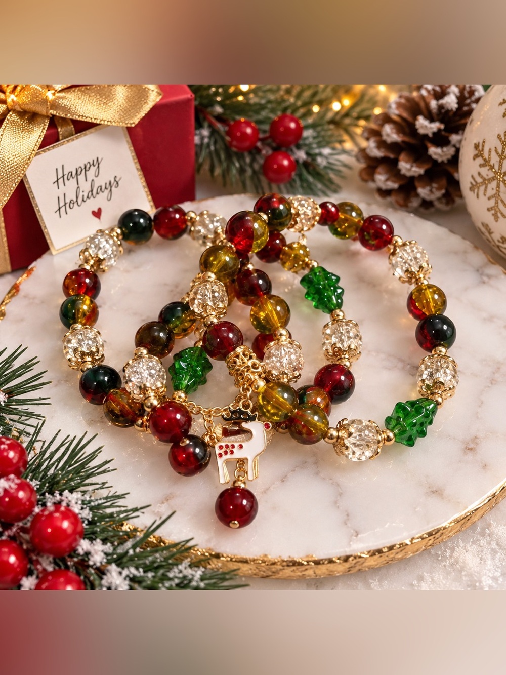 Multicolor Beaded Christmas Bracelet Set Reindeer Tree Gold Tone Charms